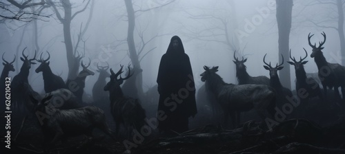 Satanic cult leader at haunted foggy forest background. Generative AI technology.