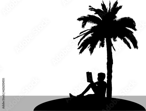 Silhouettes of people with a book. Desert island.	