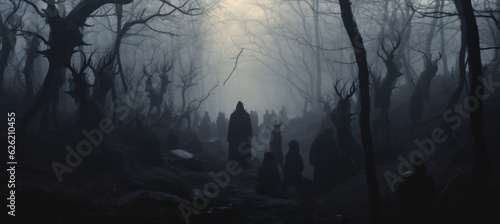 Haunted foggy dark forest background. Generative AI technology.