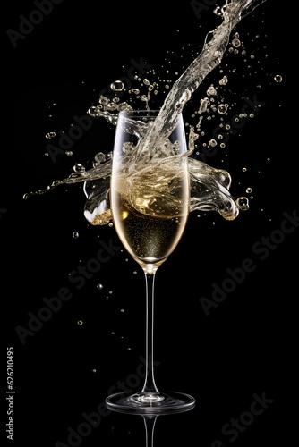 A close-up of a classic wine glass with poured white wine or sparkling champagne splashes in motion. Isolated on black background, creative minimal concept for stories.