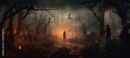 Halloween cult at haunted foggy forest background. Generative AI technology.