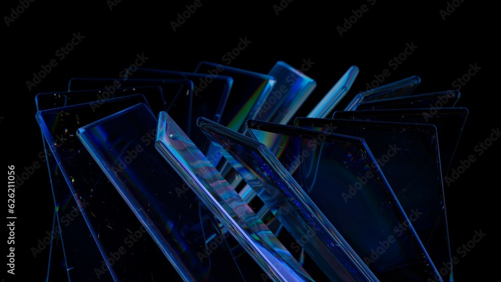 Modern material design concept background. 3d illustration. Blue glass screens. Science and technology theme