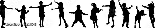 Group of dancing children, black silhouettes.