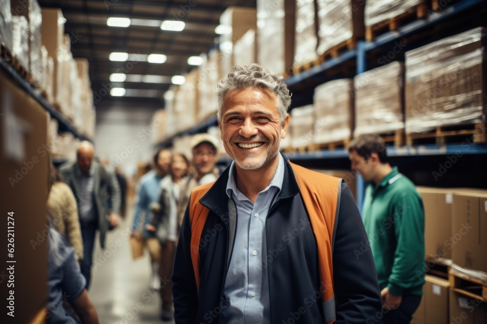 Businessman working to inspect goods while walking through a distribution warehouse Businessman working to inspect goods while walking through a distribution warehouse