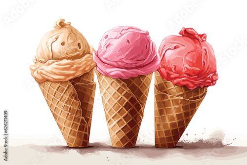 Vector art illustration Painting Watercolor ice cream of vanilla, strawberry, chocolate, and green tea flavors on a crispy cone isolated on white background with no people, icon set, clip art, cut out