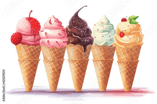 Vector art illustration Painting Watercolor ice cream of vanilla, strawberry, chocolate, and green tea flavors on a crispy cone isolated on white background with no people, icon set, clip art, cut out
