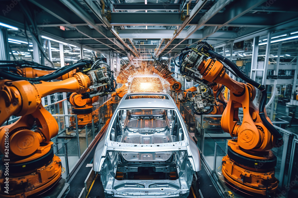 Robotic assembly line in an automotive factory