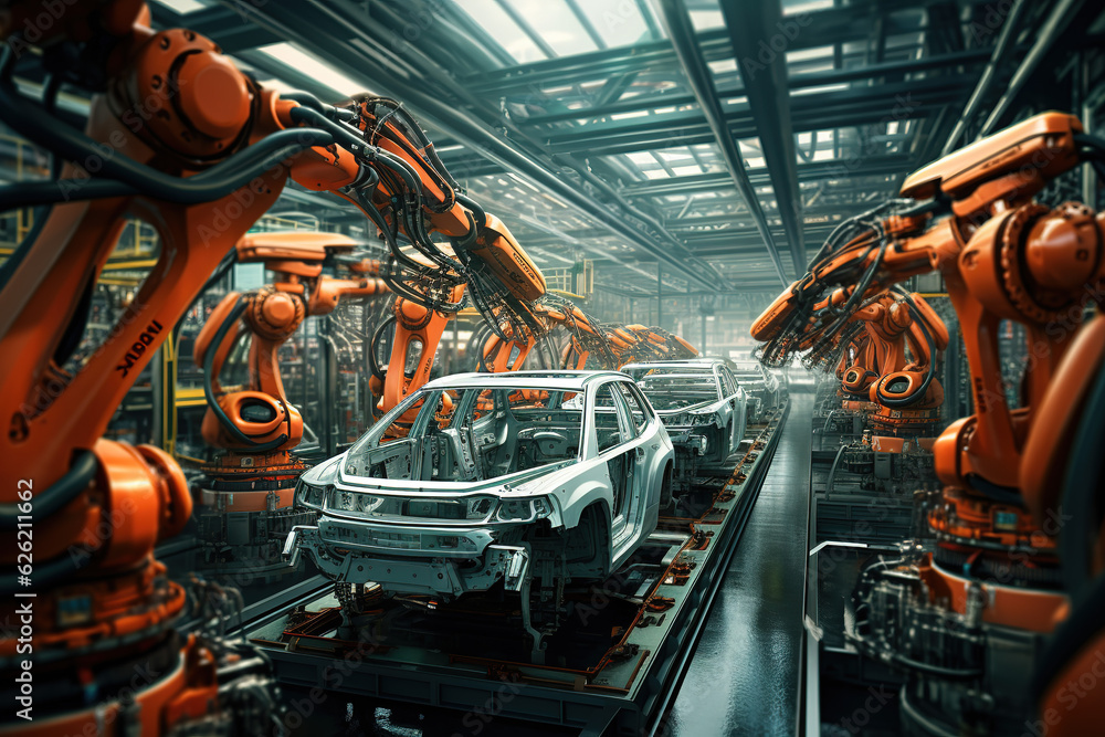 Robotic assembly line in an automotive factory Robotic assembly line in an automotive factory