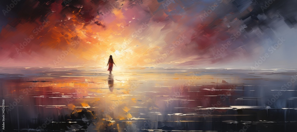 Abstract painting person silhouette standing on dramatic beach sunset background. Generative AI technology. Abstract painting person silhouette standing on dramatic beach sunset background. Generative AI technology.