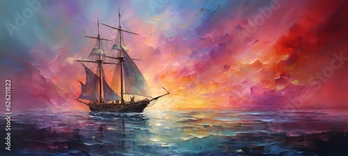 Abstract painting ship sailing at magical sea sunset background. Generative AI technology.