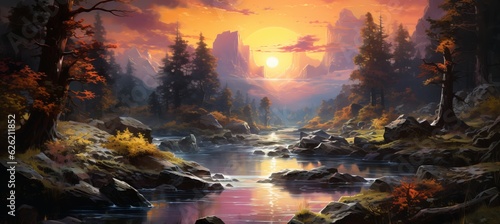 Nature scenery sunset landscape panoramic painting background. Generative AI technology. © Hero Design