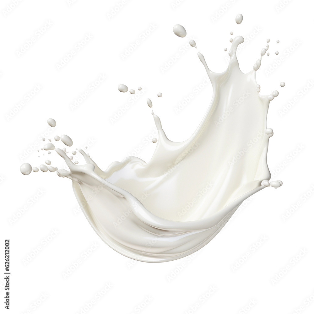 Splash of milk or cream isolated on white background With clipping path. Full depth of field. Focus stacking. PNG. Generative AI - obrazy, fototapety, plakaty 