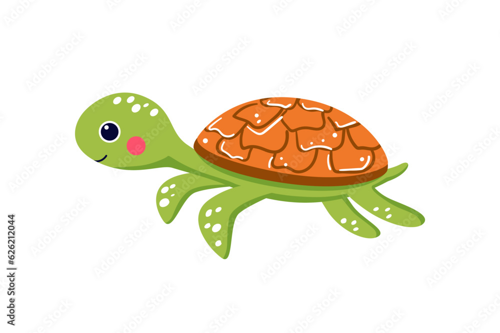 Obraz premium Funny baby sea turtle swimming underwater. Cute vector illustration drawn in cartoon style. Sea animal sticker, print for kids clothing