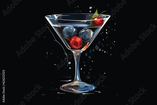 cocktail with lime and cherry Close-up view of splash water with a falling cherry in a martini glass among ice on black background with flare. vector art illustration painting