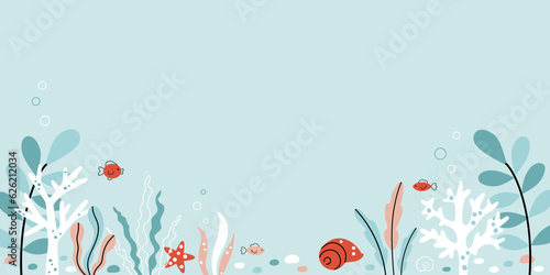 Cute coral reef vector illustration on blue background. Underwater seabed border - plants, seashells, fishes drawn in doodle style