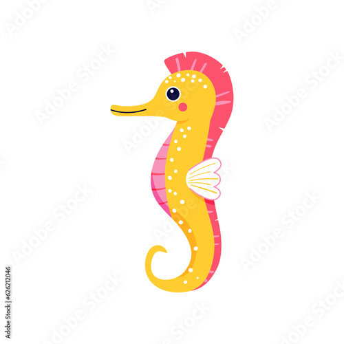 Cute baby seahorse drawn in flat style vector illustration. Sea animal sticker isolated on white background