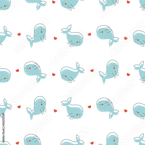 Cute swimming baby whales summer print drawn in doodle style. Funny vector sea animals pattern for kids textile, wrapping paper