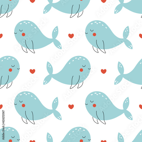 Cute baby whales summer print drawn in doodle style. Funny vector sea animals pattern for kids textile, wrapping paper