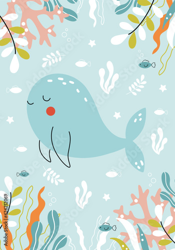 Cute baby whale swimming underwater. Sea animals  seaweeds. Summer vector illustration drawn in doodle style