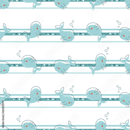 Cute baby whale summer print drawn in doodle style. Funny vector sea animals pattern for kids textile, wrapping paper