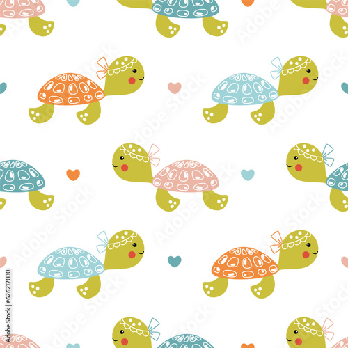 Cute summer pattern with baby sea turtles swimming underwater. Funny sea animals print for girly textile, wrapping paper