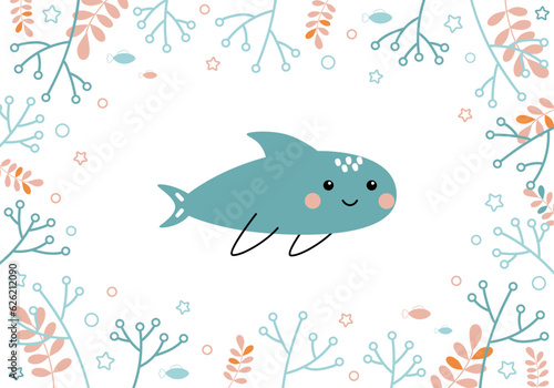 Cute baby shark swimming underwater. Sea animals, fishes, seaweeds. Summer vector illustration drawn in doodle style