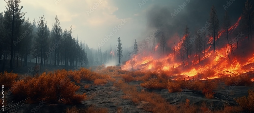 Forest on fire background. Generative AI technology.