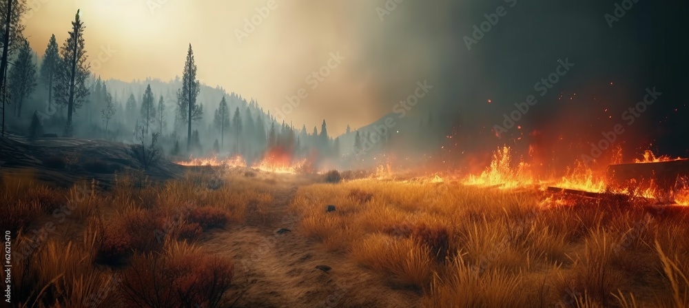 Fototapeta premium Wildfire forest background. Generative AI technology.