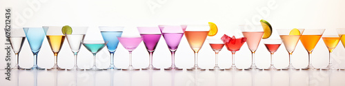 a row of multicolored cocktails isolated on a white background. Generative AI