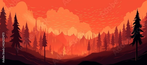 Red sunset forest design illustration background. Generative AI technology.
