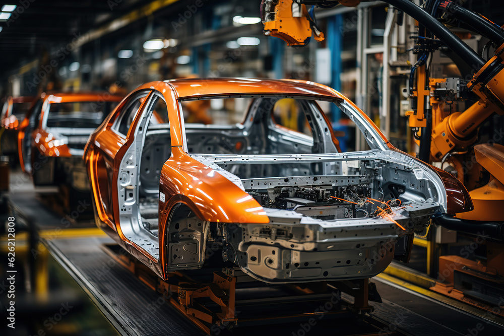 Robotic assembly line in an automotive factory Robotic assembly line in an automotive factory