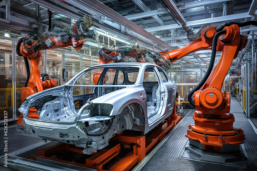 Robotic assembly line in an automotive factory Robotic assembly line in an automotive factory