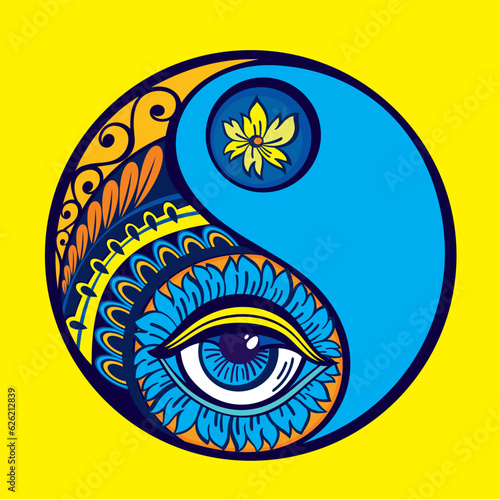 yin and yang symbol with blue eye on yellow background. harmony and balance concept. flat design. vector illustration.