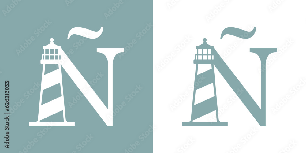 Logo Nautical. Icono de torre marítima en puerto. Letra inicial Ñ con faro de luz Logo Nautical. Icono de torre marítima en puerto. Letra inicial Ñ con faro de luz
