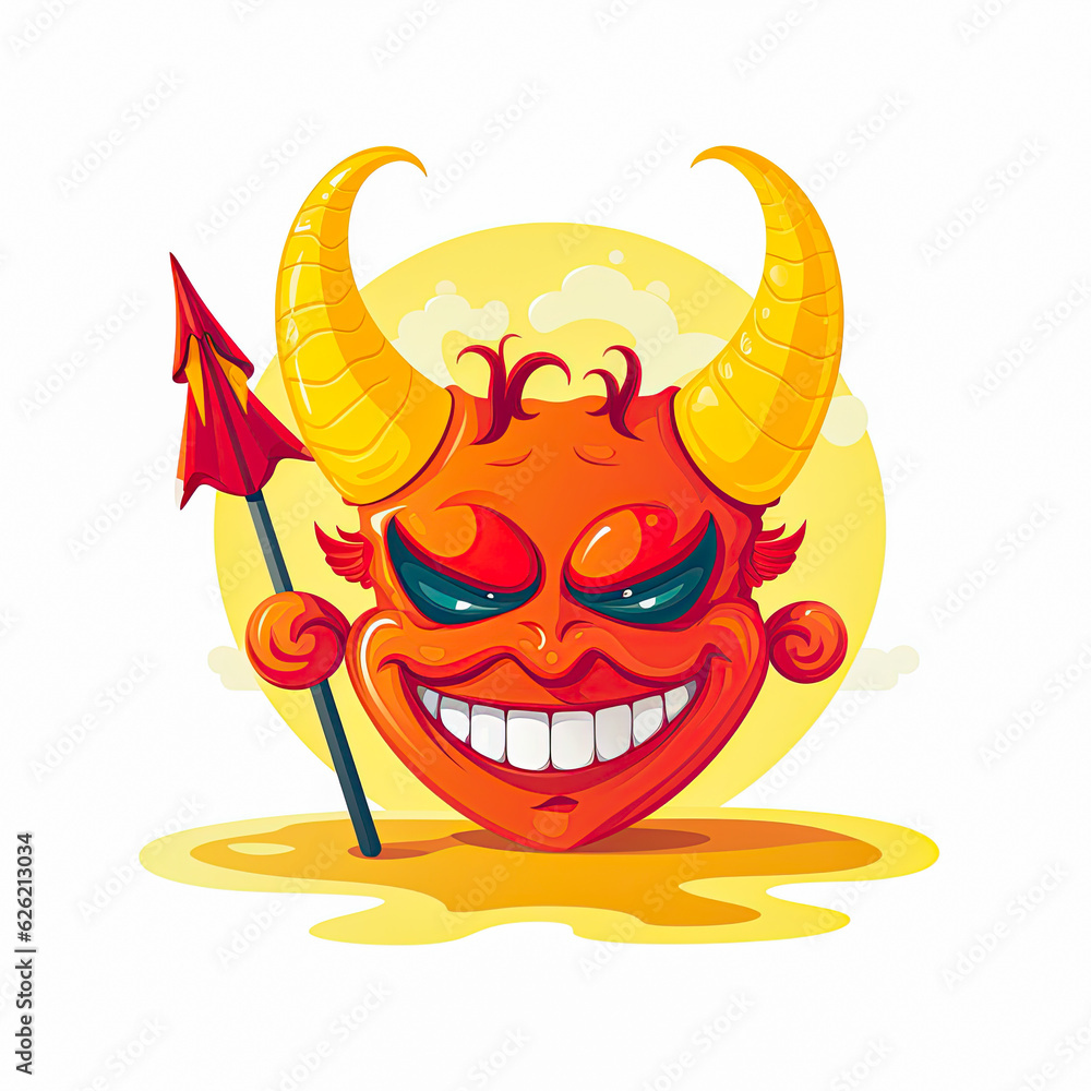 Devil emoticon with spear summer icon. Emoji summer sticker. On white background. Generative Ai illustration