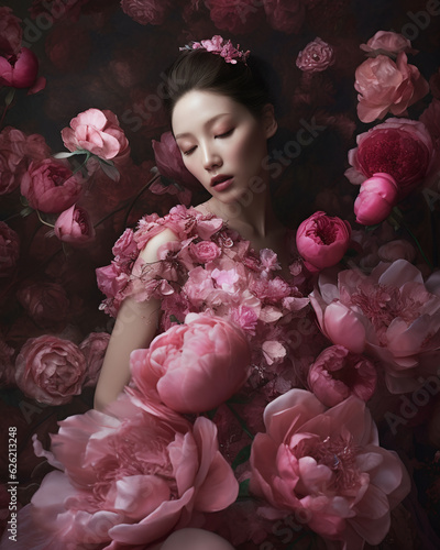 Asian woman in roses flowers dress, fashion and beauty background. Young woman sensual closed eyes in pink red roses garden by AI generative photo