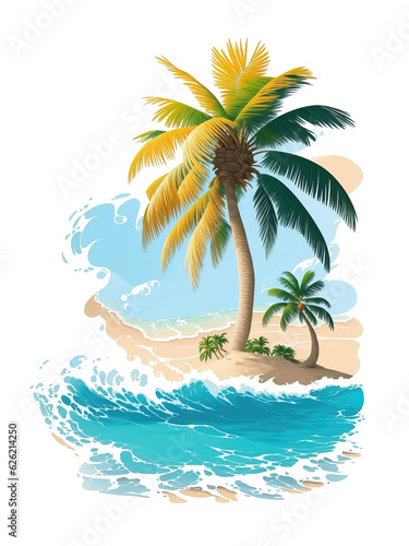 Palm tree on a tropical island with beach and sea waves  flat sticker illustration isolated on white.
