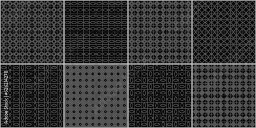 Rhombuses, diamonds, tiles, checks, squares, triangles, ovals seamless patterns collection. Geometrical ethnic ornaments set. Tribal backgrounds kit. Ethnical motif. Abstract vectors. Folk prints