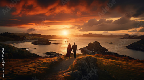 romantic couple on the cliff, from the back looking the sunset