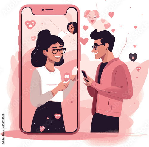 Smartphone with male and female profiles. Friends chatting. New generation. The concept of social networks, virtual relationships. Friends chatting and texting. Vector illustration