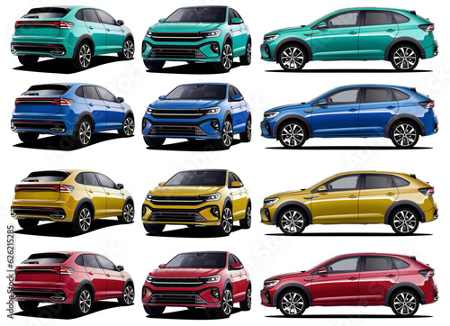 Realistic Vector Car Collection Colored in Green, Blue, Yellow and Red Car SUV with Gradients in manual tracing with Front back and side view