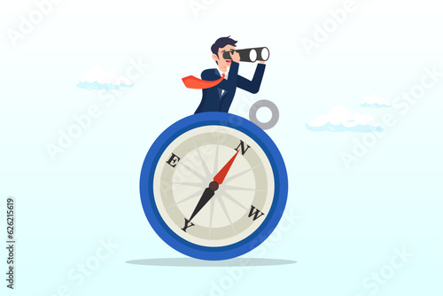 Businessman with binocular and compass, business compass guidance direction or opportunity, make decision for business direction, finding investment opportunity, leadership or visionary (Vector) photo