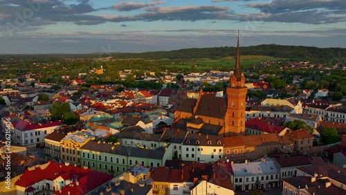 Drone footage with architecture of old town in Tarnów