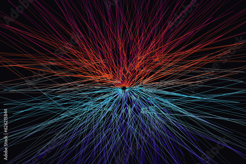 Abstract Vector Tech Flow Line of Red, Orange, Blue Colors. Dynamite Random Chaotic Lines for Book, Cover, Magazine, Poster, Album, Front Page. Art Pattern Geometric Laser Beams.
