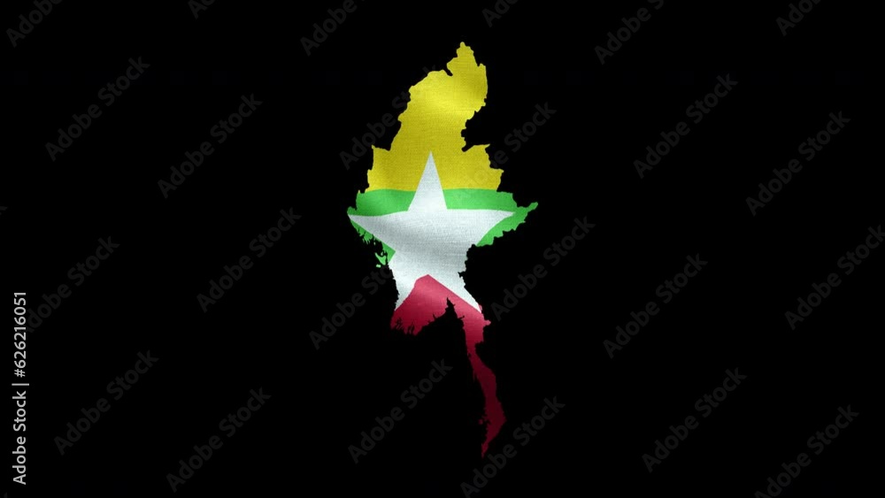 4K waving national flag of Myanmar on the map. Loop alpha channel seamless Burmese flag on territory. Outline geographic country border of Burma stock video.