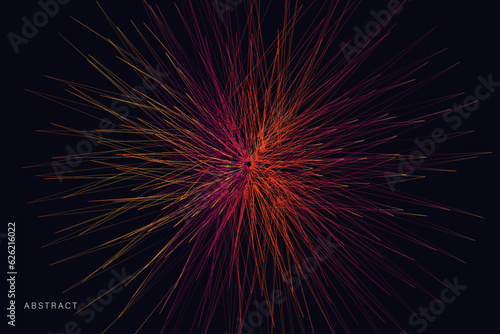 Abstract Vector Tech Flow Line of Red  Orange Colors. Dynamite Random Chaotic Lines for Book  Cover  Magazine  Poster  Album  Front Page. Art Pattern Geometric Laser Beams.