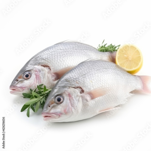 Two fish with a slice of lemon on a white background