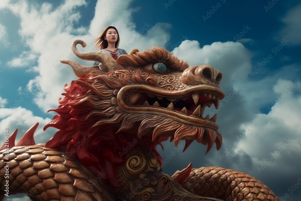 Asian girl riding an Asian dragon. Dragon in Chinese style. Chinese ...