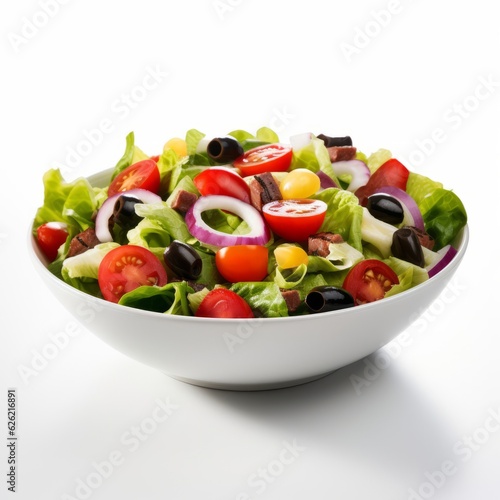 A fresh and healthy salad served in a white bowl on a table