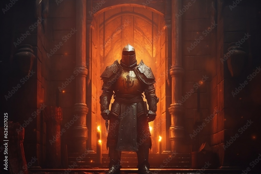 Knight adventurer in armor in the castle. Middle Ages. AI generated Knight adventurer in armor in the castle. Middle Ages. AI generated